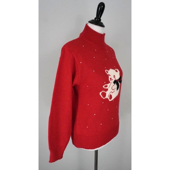 Vintage Crystal Sportswear Red White Bear Winter Angora Blend Sweater Size M - Picture 2 of 4
